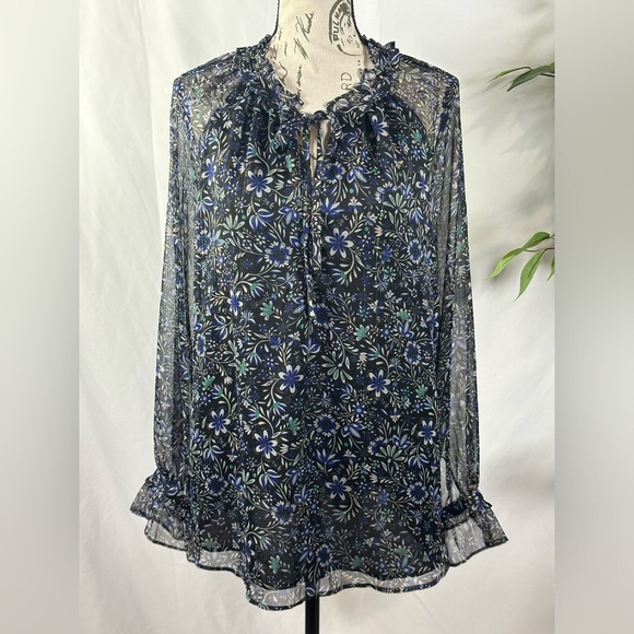 Shimmer Floral Ruffle Tie Neck - Picture 9 of 10